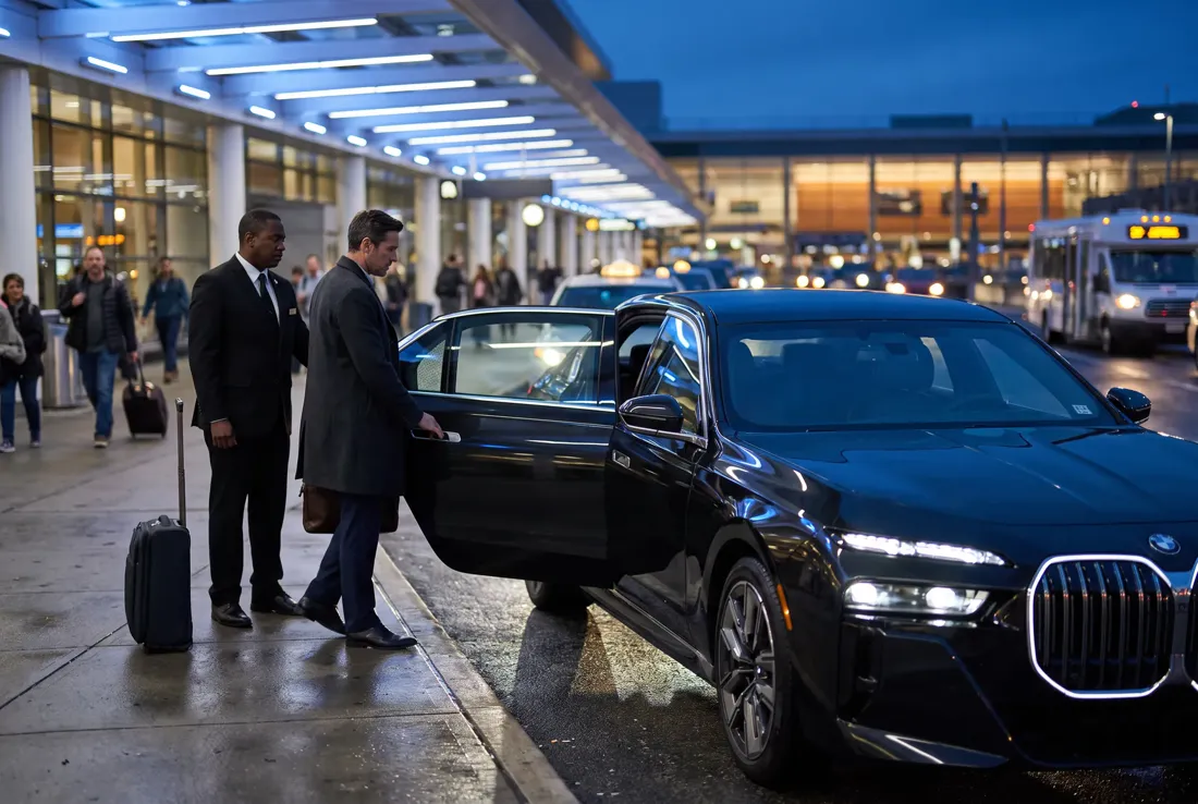 Business traveler entering a black 2026 BMW 740i xDrive at a Chicago airport terminal for executive black car transportation
