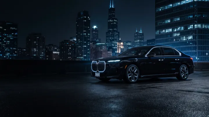 Black 2026 BMW 740i xDrive executive black car with the Chicago skyline, the flagship sedan of our Chicago limousine service