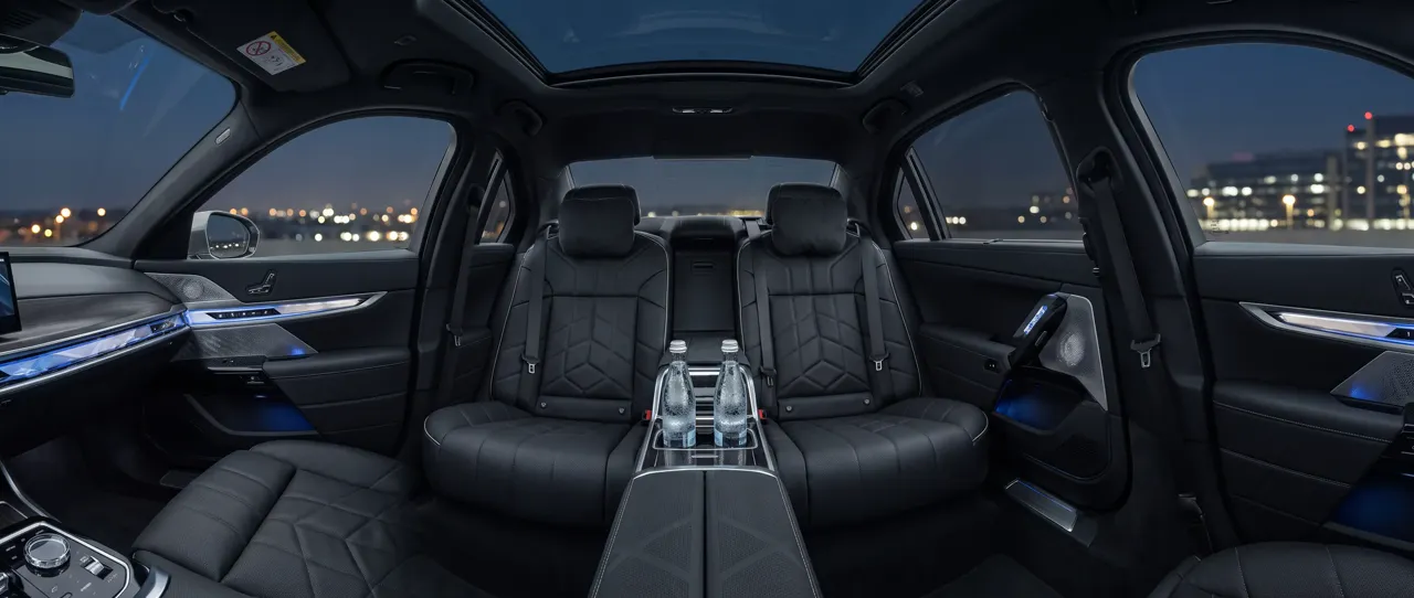 Rear cabin of a black 2026 BMW 740i xDrive Chicago limousine with black leather seats, chilled water bottles in the console and blue ambient lighting