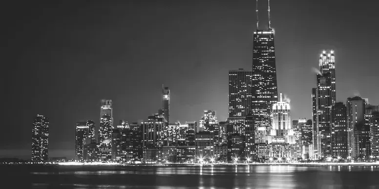 The Chicago skyline at night along the lakefront