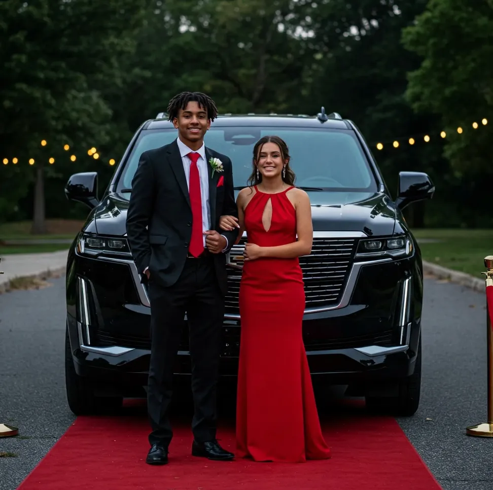 Well-dressed couple beside a black luxury vehicle for an evening celebration